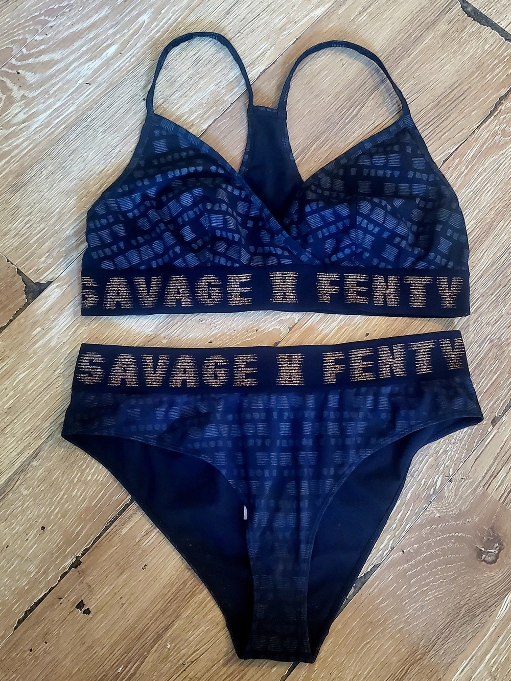 Savage X Fenty Black. Grey & Gold Matching Lingerie Set